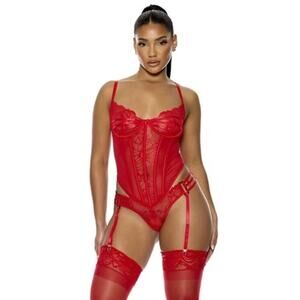 NWT Foreplay Women's Red Thirst Strap Strappy Lace Teddy Bodysuit Size Medium